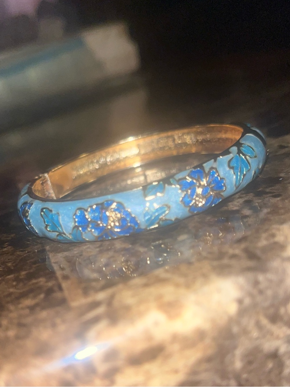 Blue Floral Cloisonné Hinged Bangle Bracelet - Women Jewelry